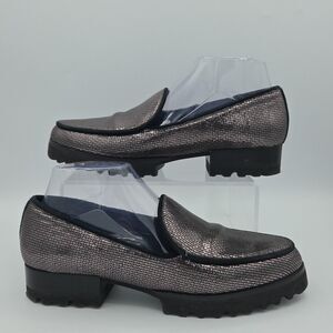 Donald Pliner Elen-A7A7 Carbon Metallic colored loafers Clogs Block heel EUC